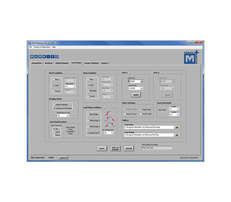 Configure las condiciones de inicio y parada de la prueba, así como las opciones de control de movimiento en MESUR™gauge Plus.