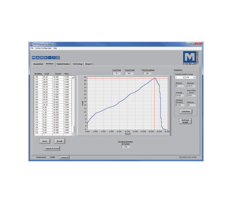 Analice los datos después de la prueba con una serie de herramientas, como el cursor x-y, cálculos estadísticos, exportación a Excel, etc.