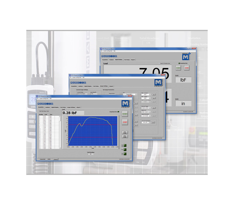 El software MESUR®gauge y MESUR®gauge Plus son programas de recopilación de datos potentes y flexibles diseñados para su uso con instrumentos y bancos de pruebas Mark-10.