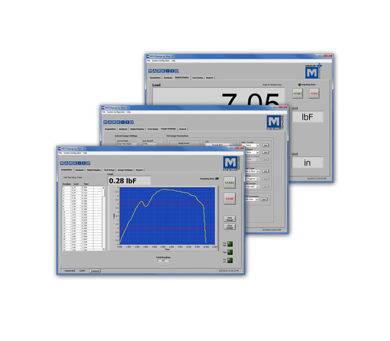 MESUR®gauge y MESUR®gauge Plus amplían la funcionalidad de los instrumentos de medición de fuerza y torsión y de los bancos de pruebas. Ambos programas comparten la capacidad de capturar y mostrar datos en formato gráfico de carga frente a tiempo o carga frente a recorrido frente a tiempo. MESUR®gauge Plus añade la capacidad de controlar el movimiento de los bancos de pruebas motorizados Mark-10, coordinando el control del movimiento y la adquisición de datos.