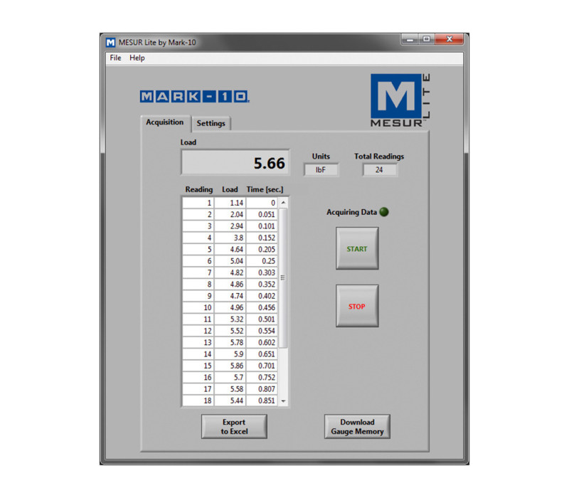 MESUR® Lite es un programa básico de recopilación de datos que tabula los datos recibidos de un medidor de fuerza o par Mark-10 y permite exportar los datos a Excel.