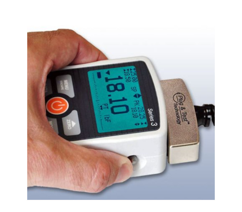 La exclusiva tecnología Plug &amp; Test® permite utilizar sensores intercambiables con los indicadores Mark-10. Todos los datos de calibración y configuración se guardan en el conector inteligente. Los sensores se venden por separado.