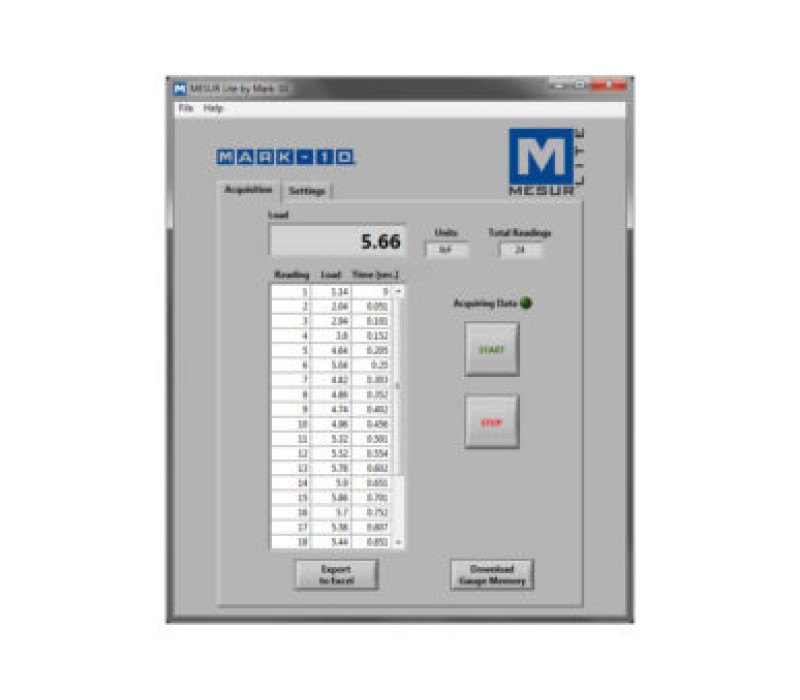 MESUR® Lite es un programa básico de recopilación de datos que tabula los datos recibidos de un medidor de fuerza o par Mark-10 y permite exportar los datos a Excel.