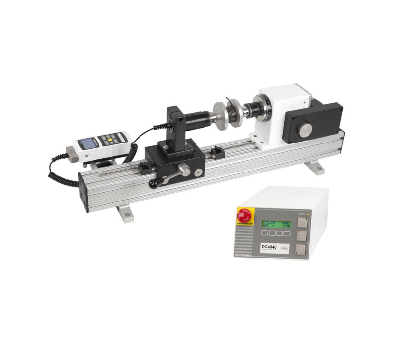 The TSTMH-DC horizontal advanced motorized torque test stand is shown in a torsion spring testing application with the G1022 attached to the mounting plate.