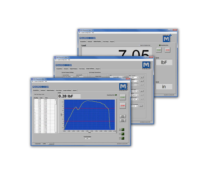 MESUR® gauge es un programa avanzado de recopilación de datos diseñado para interactuar con los medidores y bancos de pruebas Mark-10. El programa tabula y traza la carga en función del tiempo, y proporciona una serie de sofisticadas herramientas de configuración, análisis y elaboración de informes.