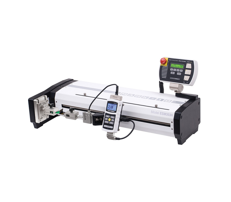 Banco de pruebas horizontal ESM303H con medidor de fuerza de la serie 7 acoplado.
