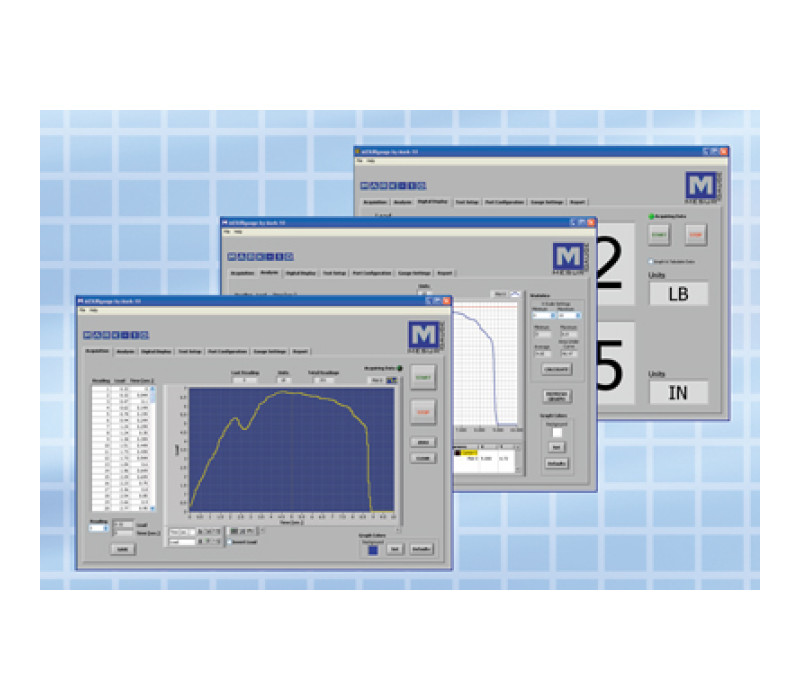 MESUR® gauge es un programa avanzado de recopilación de datos diseñado para interactuar con los medidores y bancos de pruebas Mark-10. El programa tabula y traza la carga en función del tiempo, y proporciona una serie de sofisticadas herramientas de configuración, análisis y generación de informes.