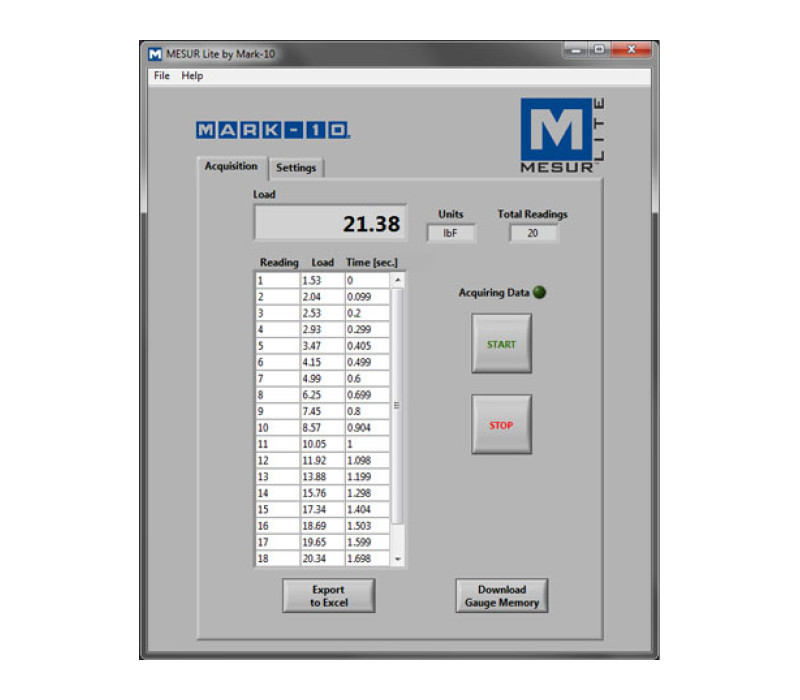 MESUR® Lite es un programa básico de recopilación de datos que tabula los datos recibidos de un medidor de fuerza o par Mark-10 y permite exportar los datos a Excel.