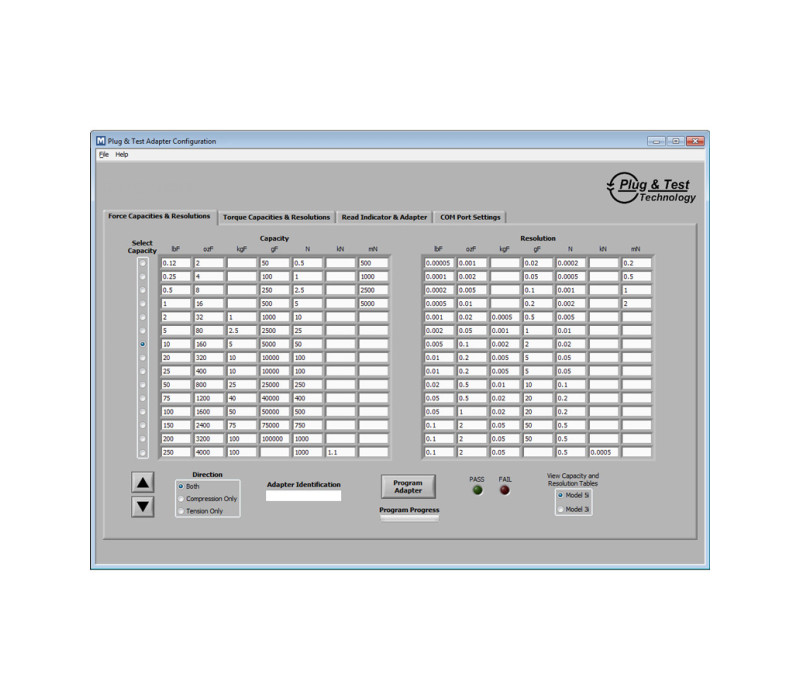 Plug & test software, seleccione la capacidad de fuerza deseada, compresión y/o tensión y especifique un número de identificación