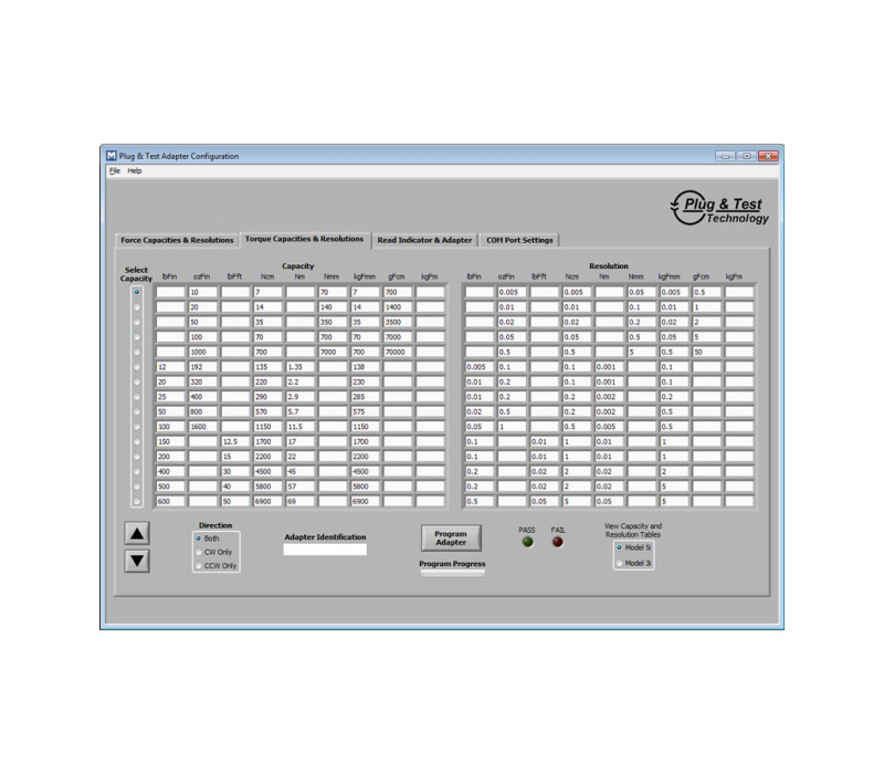 Software Plug & Test, seleccione la capacidad de par deseada, la dirección y especifique un número de identificación