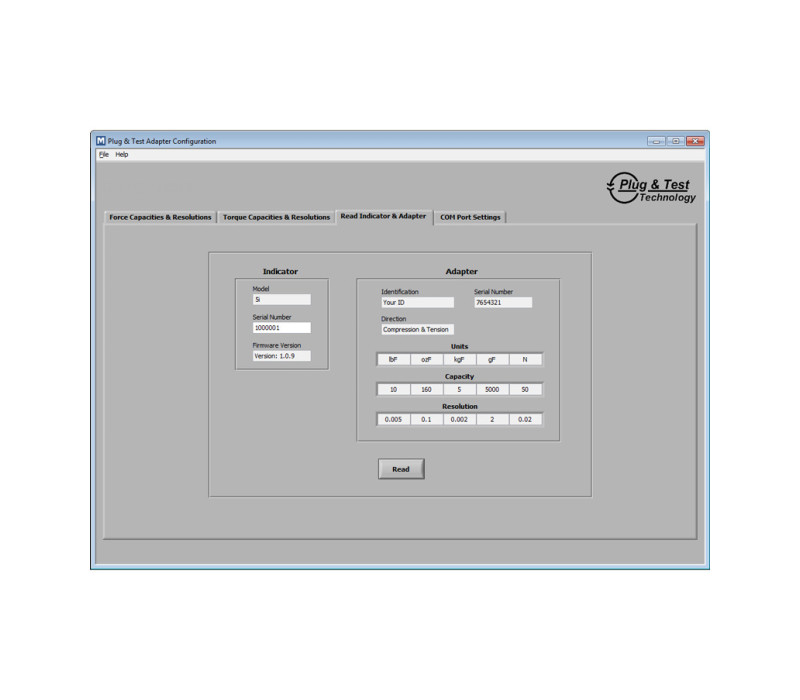 Pantalla para ver la capacidad de carga y la resolución, la identificación del indicador y la información de identificación del adaptador.