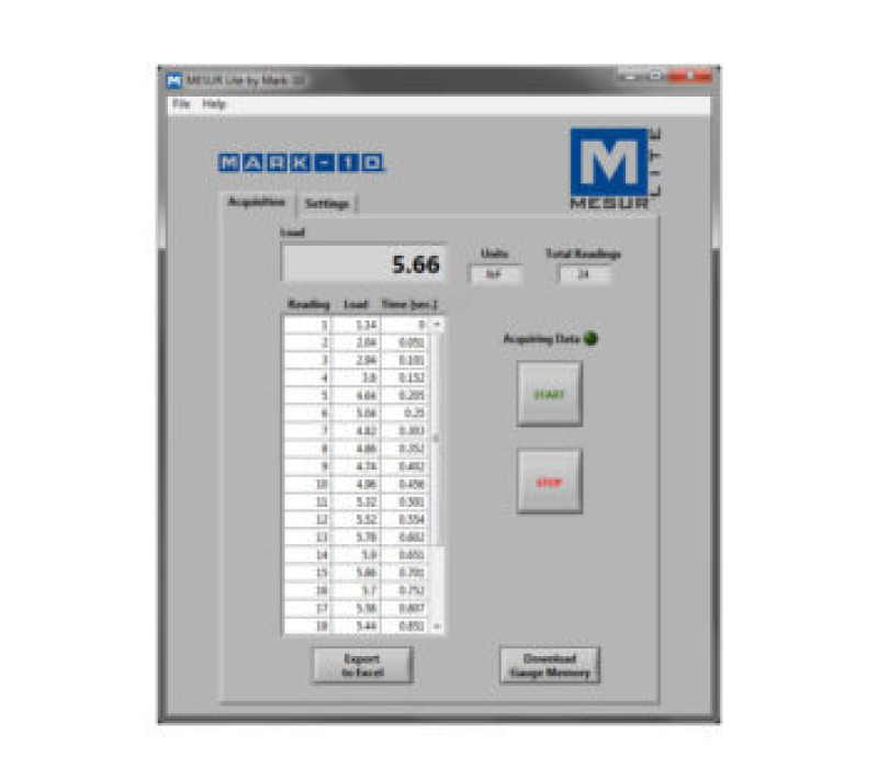 MESUR® Lite es un programa básico de recogida de datos que tabula los datos recibidos de un medidor de fuerza o par Mark-10 y permite exportar los datos a Excel.