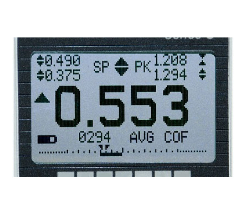 La pantalla retroiluminada del M5-2-COF presenta dígitos grandes y fácilmente legibles, coeficientes de fricción estática y cinética, indicadores de punto de ajuste, gráfico de barras de carga analógica, etc.