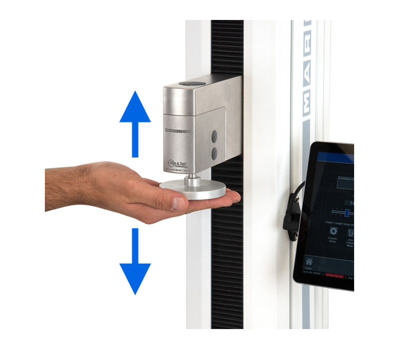 Con la innovadora función FollowMe® de Mark-10, el usuario puede empujar y tirar del sensor de fuerza para mover la cruceta con la mano. Suficientemente sensible para un posicionamiento rápido, así como para ajustes finos.