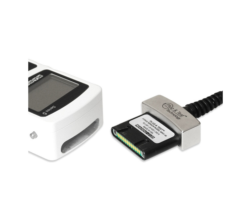 La exclusiva tecnología Plug & Test® permite utilizar sensores intercambiables con un indicador Mark-10. Todos los datos de calibración y configuración se guardan en el conector inteligente.