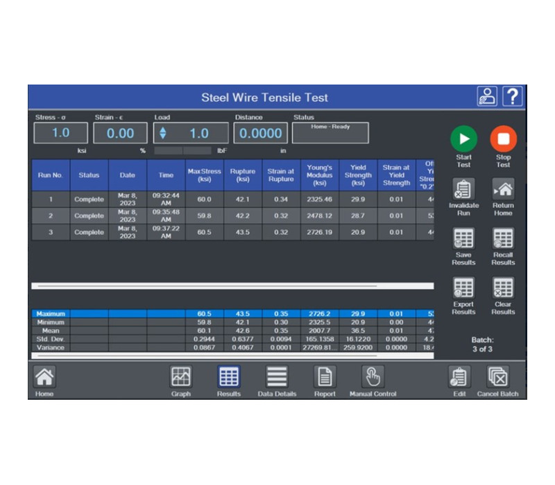 IntelliMESUR® tabula los resultados de los ensayos, registra la fecha y hora, información del sistema, estado de aprobación/rechazo y estadísticas de lotes de pruebas. Exporta los datos o genera un informe que incluya los resultados, gráfico, información del sistema y anotaciones.