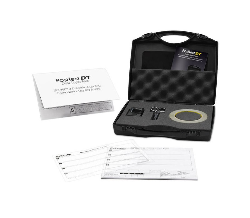 Kit de ensayo de polvo PosiTest DT con Dust Test Comparator, placas transparentes, formularios de informe y maletín